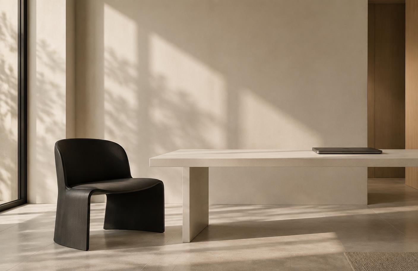 Minimalistisk skandinavisk kontor med stol, skrivebord og laptop